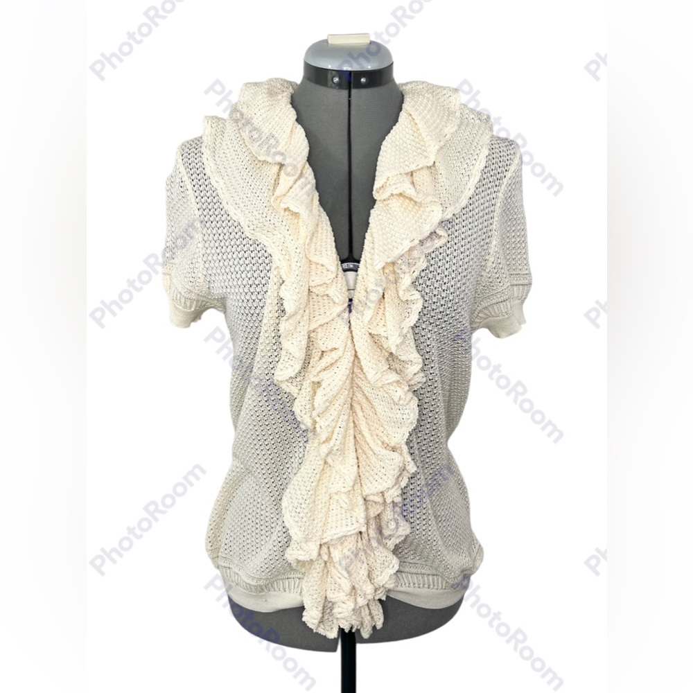 RALPH LAUREN Black Label Ivory Crochet Ruffle Short Sleeve Button Up Cardigan